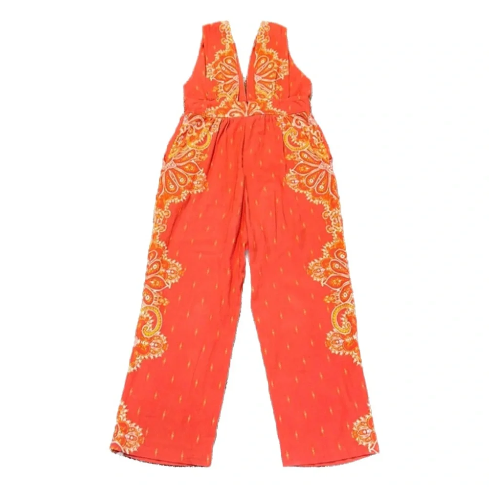 Free People’s Setting Sun Printed Orange Cropped Jumpsuit NWOT - Picture 7 of 12